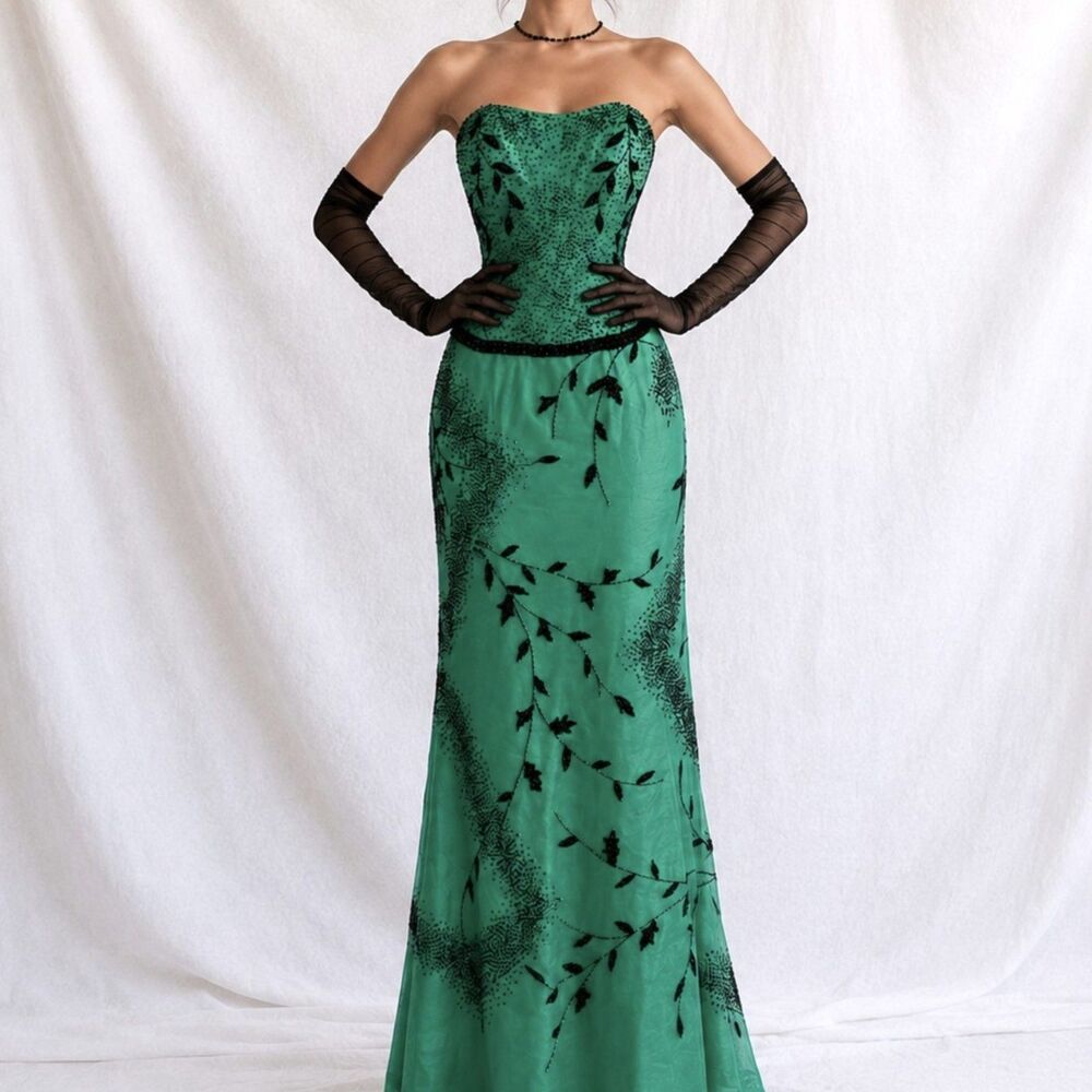 Vintage Y2K Green Two Piece Floral Beaded Silk Strapless Maxi Prom Dress Size S